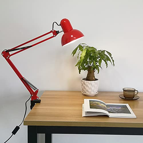 Chao Zan lampada da tavolo con morsetto, braccio in metallo rosso, snodabile e regolabile,LED Lampada da Comodino Protezione degli Occhi per Lettura, Studio, Ufficio (Lampadina E27 non Inclusa)