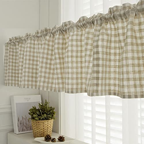 A.Monamour Gardine Scheibengardinen Kurzstores Bauernhaus Baumwolle Leinen Beige Karierter Gingham Kurzgardinen Küchengardine Küchenvorhang Küche Fenster Kurz Vorhang Stores Bistrogardine