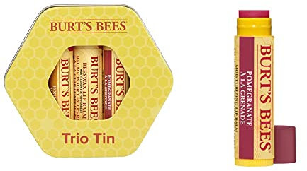 Burt's Bees Trio Tin Moisturising Gift Set & 100% Natural Moisturising Lip Balm, Pomegranate with Beeswax and Fruit Extracts - 1 Tube x 4.25g