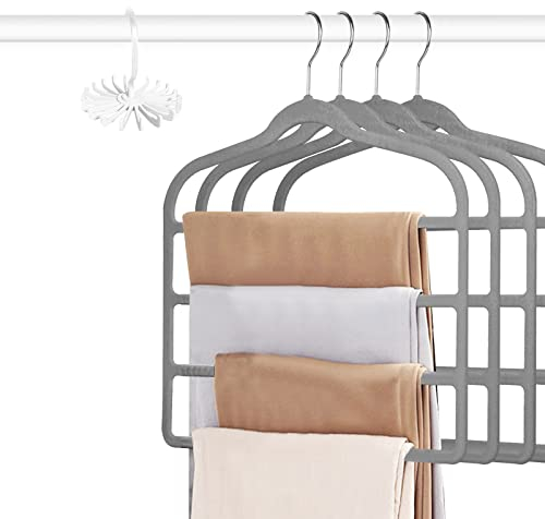 Tinfol 4 x Samt-Kleiderbügel, Platzsparend, Rutschfest, Mehrschichtig, Schrank-Organizer für Hosen, Jeans - Grau