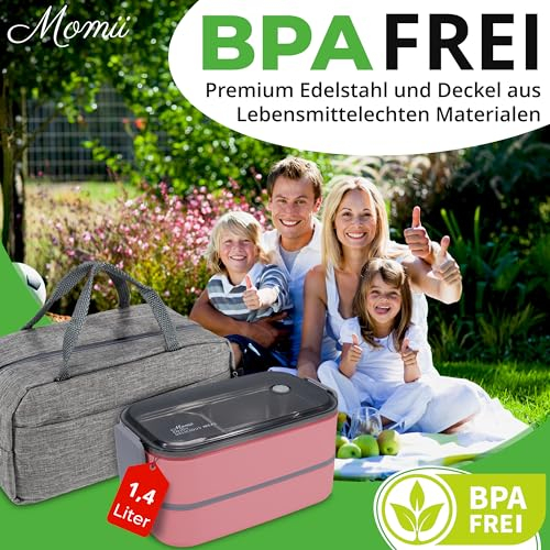 Premium Lunchbox Erwachsene und Kinder inkl. Tragetasche und Besteck Bento box Edelstahl Brotdose Kinder mit Fächern Brotdose Erwachsene Kindergarten Lunch box Jausenbox Brotdosen Bananenbox (Rosa)