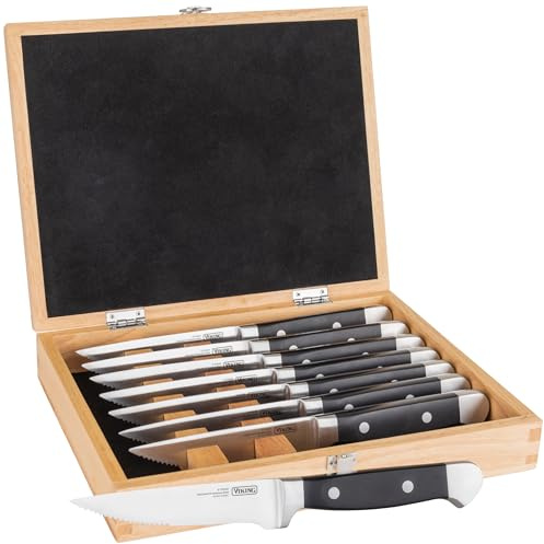 Viking Steak Knife Set, 8 Piece Stainless Steel Knives with ABS Polymer Handles and Wooden Box, Hand Wash Only, Black