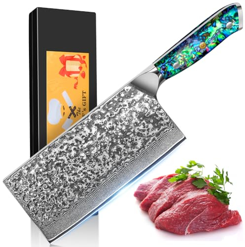 Home Safety Damast Nakirimesser mit extrem Scharf 17.8cm Klinge aus 67 Lagen VG-10 Damaststahl Chinesisches Hackmesser Damast Fleischmesser, Abalone-Muschel Griff, Geschenkbox