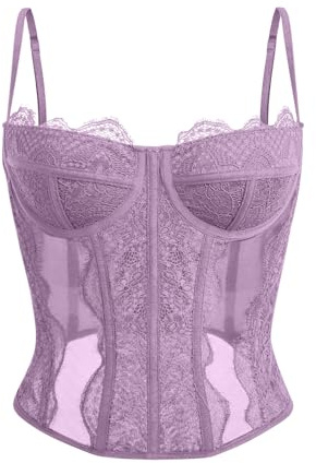 Dealmore Corsetto per donne, in pizzo, con spalline sottili, per uscire, appuntamenti, feste, Viola chiaro, X-Small
