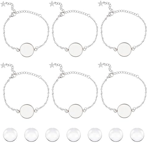 UNICRAFTALE 12 Sets Verstellbares Cabochon Armband Herstellungsset 16 mm Tablett Armband Lünette 304 Edelstahl Armbandrohlinge Mit Stern Verlängerungskette Glas Cabochons Für Die Armbandherstellung