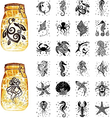 CREATCABIN 24Pcs Summer Silhouettes Mason Jar Decor Sea Animals Turtle Lantern Laser Cutouts Decorations Plastic Scrapbook Embellishment for Jars Wall Windows Glass Decor DIY Craft Black 3.9x3.5Inch