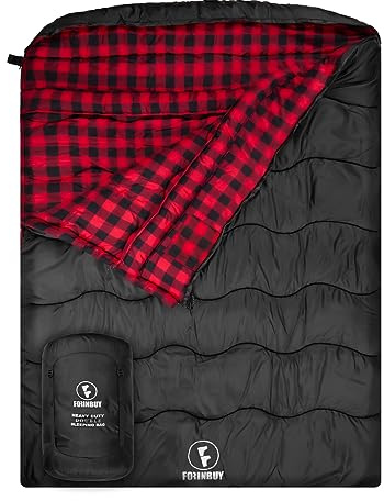 FORINBUY Saco de dormir doble de franela de 0 grados para adultos, parejas o familia, tamaño Queen, impermeable y cálido, saco de dormir para 2 personas, para clima frío, camping, viajes en casa