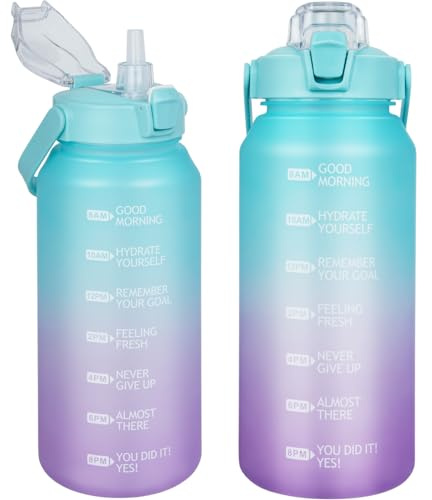DEARRAY 2l Tritan Trinkflasche mit Strohhalm & Zeitmarkierung 2 liter BPA-frei Motivierend Wasserflasche mit Uhrzeit Große Sportflasche für Gym, Fitness, Wandern