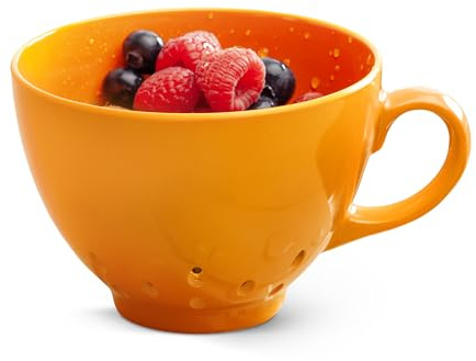 Zeal Berry Colander Cup, Small Hand-held Cup Shape Melamine Strainer/Sieve, for Washing & Draining Fruits, and Berries (10cm) - Neon Orange