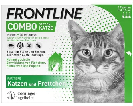 FRONTLINE Combo Katze gegen Zecken, Flöhe & Haarlinge (für Jede Größe & Gewicht) - 3X Pipetten für bis zu 3 Monate Schutz - auch gegen Floheier, Larven & Puppen im Haushalt - wasserfest
