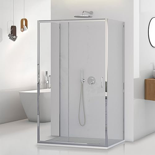 Box doccia 3 lati 80x100x80 cm porta scorrevole e 2 parete fisse, vetro trasparente H 195 cm con profilo cromato e installazione reversibile, Tay