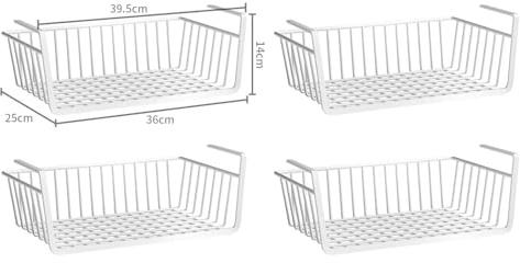 Lot de 4 paniers suspendus en métal pour cuisine, rangement sous placard, panier de rangement polyvalent pour bureau, salle de bain, garde-manger, blanc, 36 x 25 x 14 cm