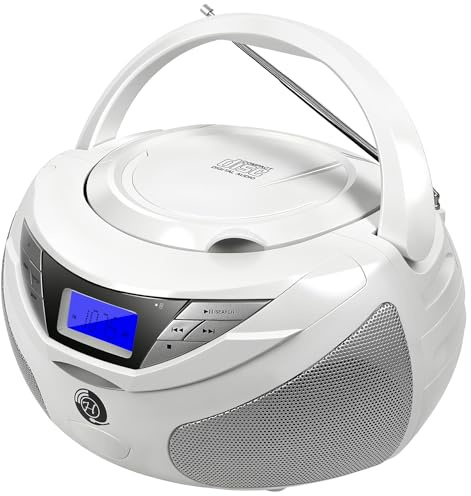 Portable CD Player Boombox with Bluetooth, FM Radio, USB Playback, Built-in Rechargeable Battery, Remote Control, Stereo Sound (White)