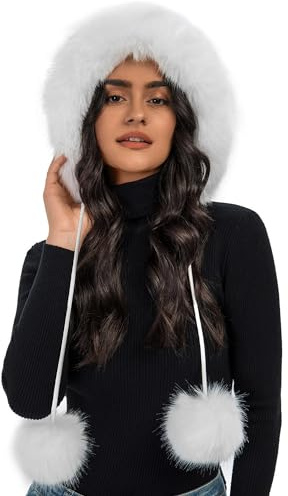 S.ROMZA Pelliccia Sintetica Cappello a Maglia da Donna con Pompom Caldo Cranio cap Proteggere l'orecchio Inverno Berretto Cappello per Le Donne (Bianco)