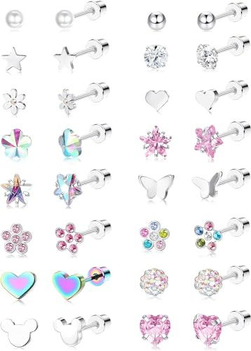 FIOROYAL 16 par hypoallergena skruvrygg örhängen för flickor Kvinnor Kirurgiskt stål Söt CZ hjärta Blomma Stjärna Butterfly Screwback Stud Örhängen Set 20G S