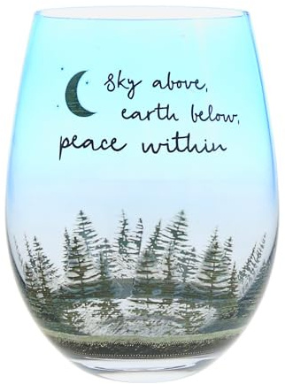 Pavilion Gift Company - Peace Within - 18 ounce Stemless Wine Glass, Lodge Collection, Cabin Themed Gifts or Rustic Décor for Men or Women, Wine Tasting Gifts, 1 Count (Pack of 1), 3” x 3” x 5”, Blue