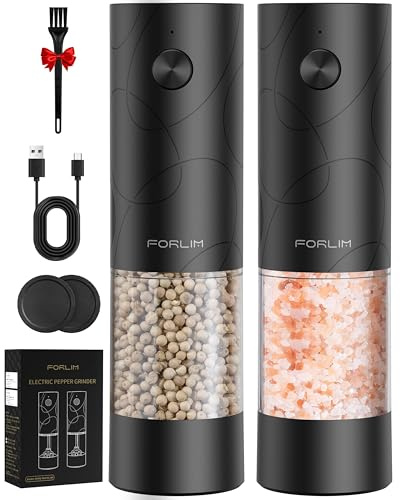 FORLIM Electric Salt and Pepper Grinder Set, USB Rechargeable, Automatic Salt Pepper Mill Grinder with Dust Cover, One-Button Control, Adjustable Coarseness, White LED Light (2 Packs, Black)