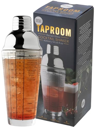 Glass Recipe Cocktail Shaker Tool - 400ml (14fl oz). Built-in Ice Strainer, Silicone Seal & Spirit Measure Cap. Silver Stainless Steel Lid & Strainer. Measuring Scale & Recipes on Side of Glass.