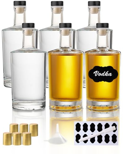 YBCPACK Botellas de licor de vidrio de 100 ml con tapas negras en T, paquete de 6 vasos pequeños vacíos para alcohol, bebidas, mini vodka transparente con cápsulas termorretráctiles
