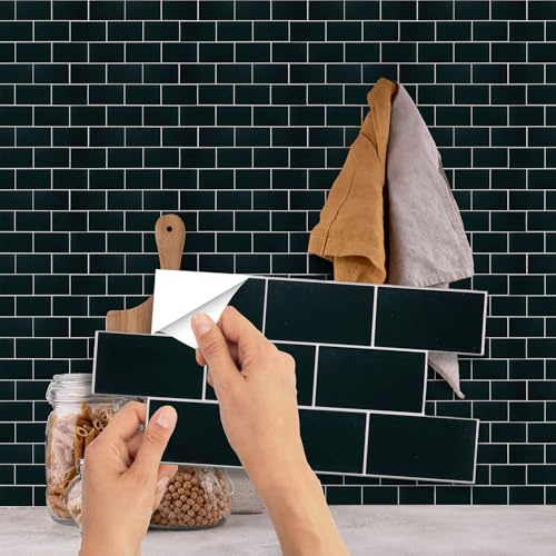 WALPLUS Kitchen Tile Stickers 15x30cm Black Stick on Tiles Kitchen Self Adhesive Wall Removable Bathroom Tile Stickers Pure Black Marble Stone Self Adhesive for Walls Renovation 12-Sheets