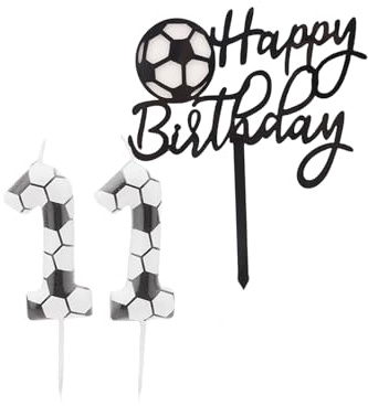 Bolosa Geburtstagskerzen Zahlen 11, Kerze 11. Geburtstagskerzen Fußball | Schwarz-weiße Zahl 11 mit Fußballmotiv und Tortendeko, für 11. Geburtstag Kindergeburtstage und Fußballpartys