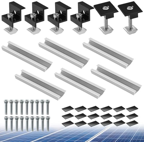 Goviox Solarmodul Halterung Kit, 6 Stück 20cm Photovoltaik Montageschiene, Zubehör Schwarz Eloxiert 30-35mm Verstellbar, Halterung für Solarmodule, Trapezblech Flachdach Montage PV Befestigung Set