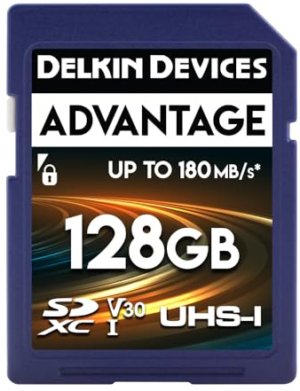 Delkin Devices 128GB Advantage SDXC Memory Card UHS-I - Up to 100MB/s Write, 180MB/s Read, Memory Cards for Cameras with C10, U3, V30, 4K UHD, Full Size SD Card