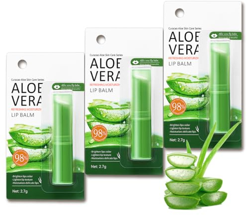 Lip balm Set, 3 PCS Aloe Vera Lip Balm Day and Night Lip Moisturiser, Lip Care Chapstick, Long-lasting Moisture to Soothe Dry Chapped Lips, Nourishing & Hydrating Lip Mask for Women Men (Aloe Vera)