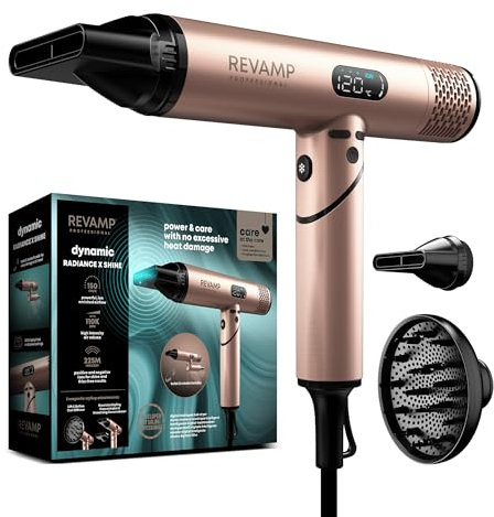 REVAMP Dynamic Radiance X Shine Ionic Portable Hair Dryer, Brushless Motor for Quiet, Powerful, Fast Drying - Lightweight, Easy Travel, Cold Setting - 3 Magnetic Attachments for Professional Styling