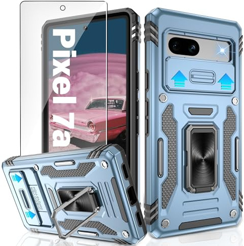 Jshru for Google Pixel 7a Case with Screen Protector and Slide Camera Cover | Ring Kickstand | Anti-Scratch Phone Cover for Google Pixel 7a,Light Blue