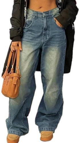 ticticlily Jeans Donna Wide Leg Baggy Pantaloni a Vita Alta Gamba Larga Dritta Pantalone Denim Hip Hop E-Girl Y2K Retro Estetica Harajuku Boyfriend Pants A3 Blu Scuro XS
