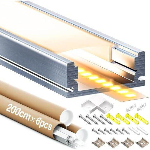GEEKLUX LED Profil 6 × 2M, LED Aluminium Profil für Den Innenbereich 17.4 × 7mm, LED Schiene U-Form, Mit Milchig Weißem Diffusor, LED Kanal für Streifen, Strips bis 12mm