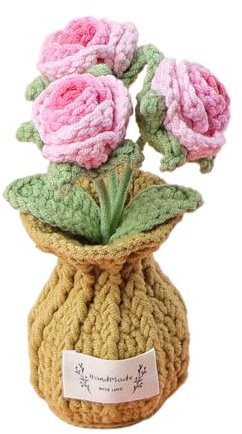 UniqKaliber Bouquet de fleurs au crochet fait à la main dans un vase, roses tricotées au crochet rose clair en pot pour la maison, le bureau, la table, les cadeaux d'anniversaire