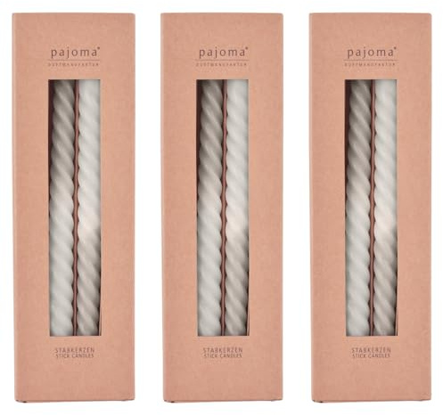 pajoma® Gedrehte Stabkerzen Grau-Beige 12 Stück | Hochwertige Drehkerzen - 45g Wachsgewicht, ca. 5 Std. Brenndauer, 250 x 20 mm | Premium Spiralkerzen, Twisted Kerzen, Wendekerzen