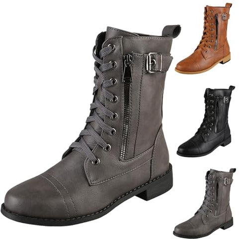 Botas de combate para mujer, botas de trabajo de cuero, impermeables, botas de motociclista, botas de equitación, botas de senderismo con cordones y cremallera, color sólido, tacón bajo, botas de