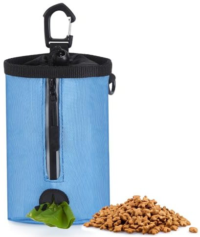Ownpets Small Dog Treat Bag with Poop Bag Holder, Puppy Training Pouch Hand-Free Pocket Size Dog Walking Bag with Carabiner Hook&Reflective Strip for Travel or Outdoor Use, 825ml Capacity (Blue)