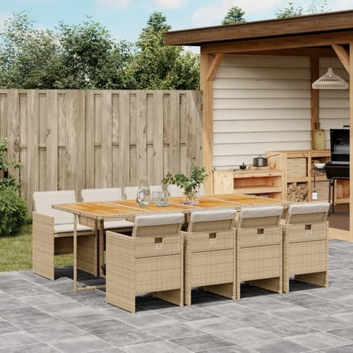 IKAYAA Rattan Gartenmöbel Set 9-TLG, Rattan Sitzgruppe für 8 Personen, Gartentisch aus Holz mit Stapelbar Stühlen & Kissens, Essgruppe Garten, Gartengarnitur Sitzgarnitur, Beige