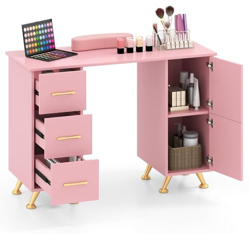 RELAX4LIFE Tavolo da Manicure, Stazione da Lavoro in Legno con 3 Cassetti, 2 Armadietti, Poggiapolsi Rimovibile, Gambe in Metallo, Postazione per Tecnici delle Unghie, Spa, Salone di Bellezza (Rosa)