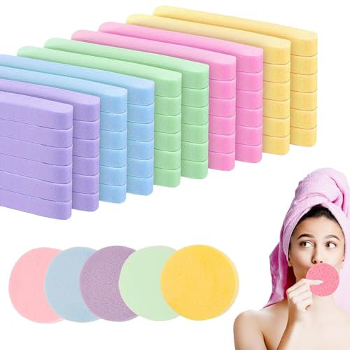 60Pcs Facial Sponges, Compressed Facial Sponges, 0.8cm Thick Face Cleansing Sponge for Men Women Massage, Face Sponge for Makeup Removal(5 Colors)