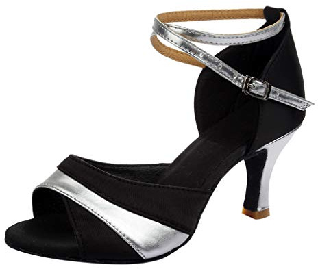 Zapatos De Baile Mujer De Gran Tamaño Punta Abierta Brida Tobillo Hebilla Antideslizante Latina Tango Danza Sala De Zapatos Talones Medianos, plata, 36 EU
