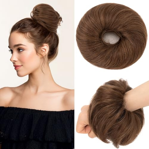 Benehair Echthaar Scrunchies Hochsteckfrisur, Echthaar Haargummi Hochsteckfrisuren, 25g Echte Haare Gerade Dutt, Haarverlängerung Haardutt Rose Dutt für Frauen, Schokoladenbraun #4R