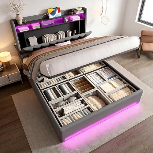 OKimmy Modernes Polsterbett 160x200CM Kopfteil mit Seitentaschen, Doppeltbett LED-Belechtung und Ablageflächen, Zertifizierte USB-Anschlüsse, Extra Stauraum Unten, Leiser Gasdruck-Lattenrost,Grau
