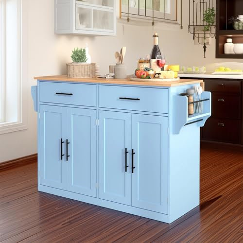 Cayipng Isla de Cocina Moderna, Carro de Cocina/Comedor con Tapa Plegable, Carro de Servicio con Ruedas y Patas de Madera Intercambiables, Mueble Buffet (Azul)