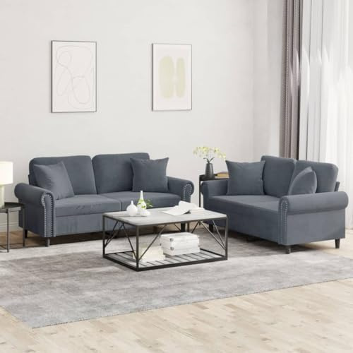 KATERYY 2-TLG. Sofagarnitur mit Kissen Dunkelgrau Samt Möbel Wohnzimmer