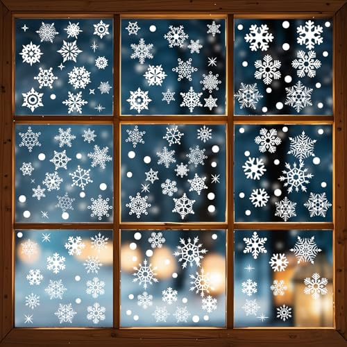 9 Bögen Weihnachts Fensteraufkleber, Weiße Doppelseitige Weihnachts Schneeflocken Fensteraufkleber für Glas Winter Feiertagsdekorationen Aufkleber für Zuhause Büro Party Dekoration