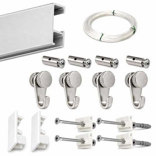 Colgar Cuadros - Guía de Aluminio Plata 150 cm | Sistema para Colgar Cuadros Ajustable | 4 Colgadores Nylon | Fácil Instalación en Pared y Pladur | Incluye Tornillos y Tacos