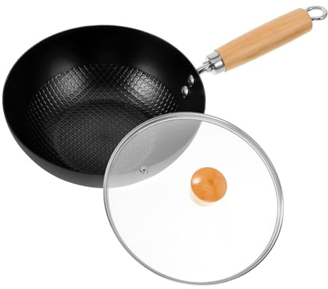 IMIKEYA Wok Chino Pequeño 20 Cm Sartén De Hierro Con Fondo Plano y Tapa De Vidrio Para Cocina De Gas e Inducción Uso Doméstico 1 Set