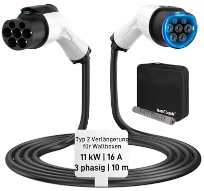 RamTouch Typ 2 Förlängningskabel (16 A, 11 kW, 10 m, 3-fas) - Typ 2 Förlängningsladdkabel Kompatibel med alla Typ 2 Elbilsladdare, Laddboxar & Wallboxar, Förlängningssladdar för Elbil & Laddhybrid
