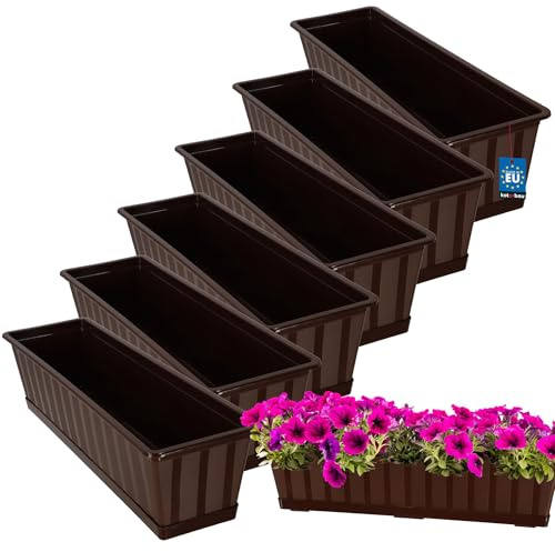 KOTARBAU® 6 pezzi Fioriera da Esterno - PVC - 60 x 18 x 14 cm - Marrone - Vaso Rettangolare con Sottovaso - Vasi Per Piante da Esterno - Fioriere da Balcone - Vaso Fiori