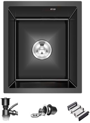 Fregadero de cocina estrecho de acero inoxidable de 38 x 30 cm, lavabo pequeño para caravana, bar, baño, uso doméstico con cesta de drenaje sobre encimera (negro, 35 x 25 x 22 cm)